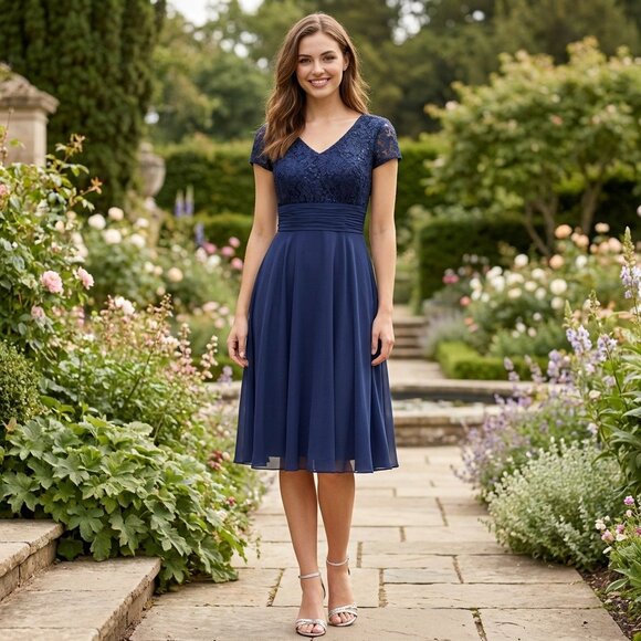 Fanny Fashion Dresses & Skirts - Fanny #1934 Short Chiffon & Lace Formal Dress-Size S-NAVY BLUE-NWT